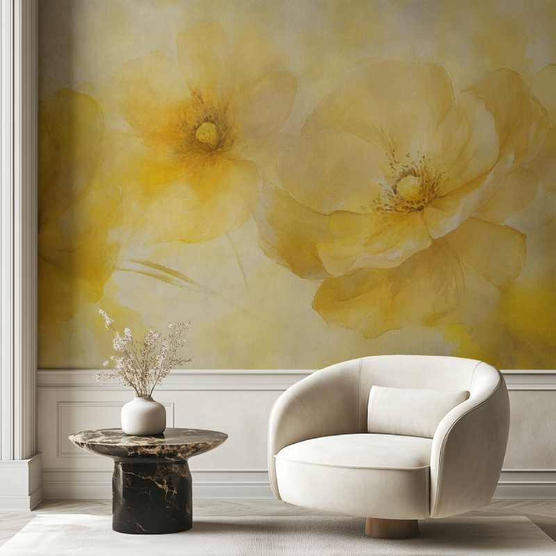 Papier peint vintage jaune fleurs chaise tendance