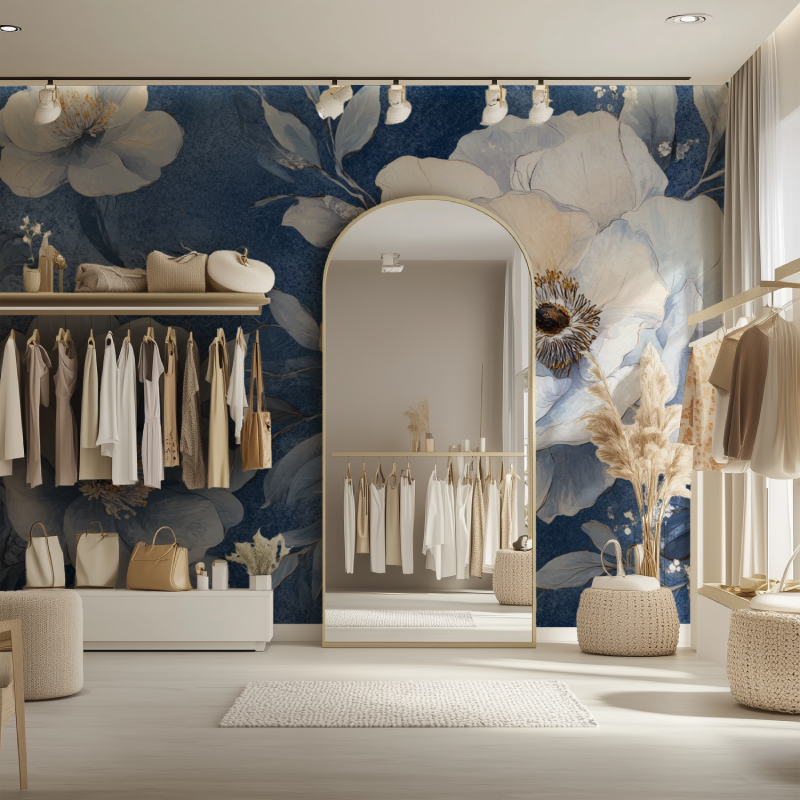 Papier peint fleur bleu marine dressing