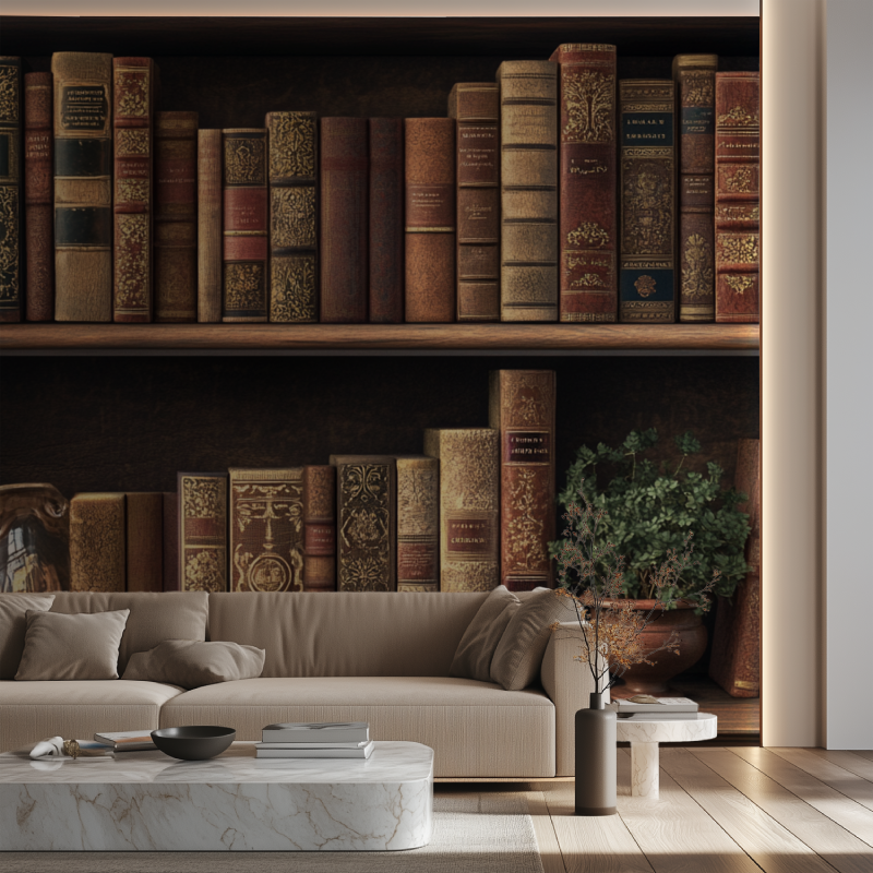 Papier peint trompe loeil etagere canape neon