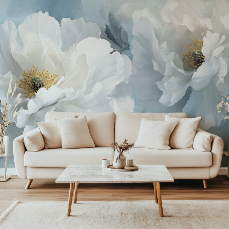 Papier peint fleur blanche sur ...bleu lavande canape simple
