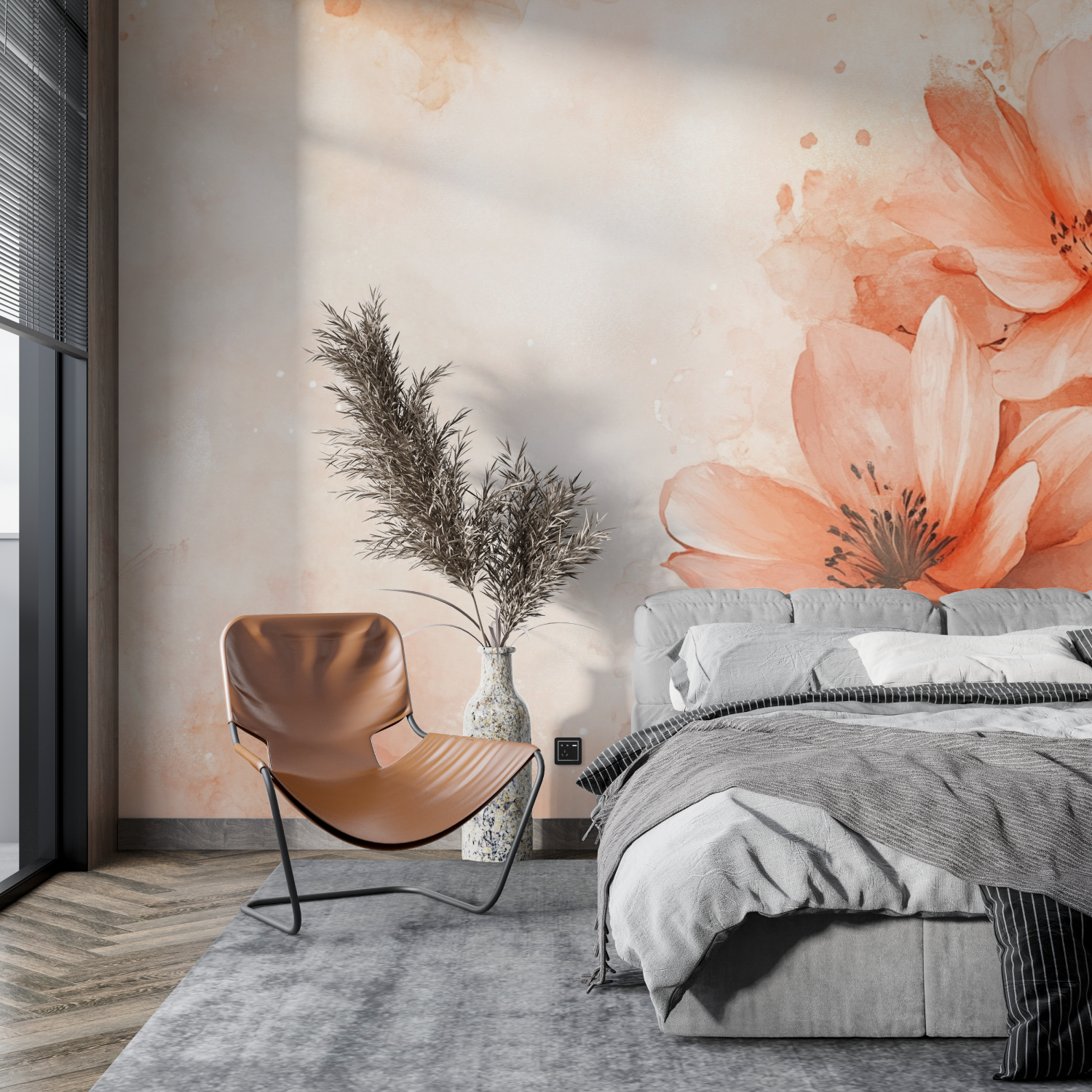Papier peint terracotta floral aquarelle tapisserie pano