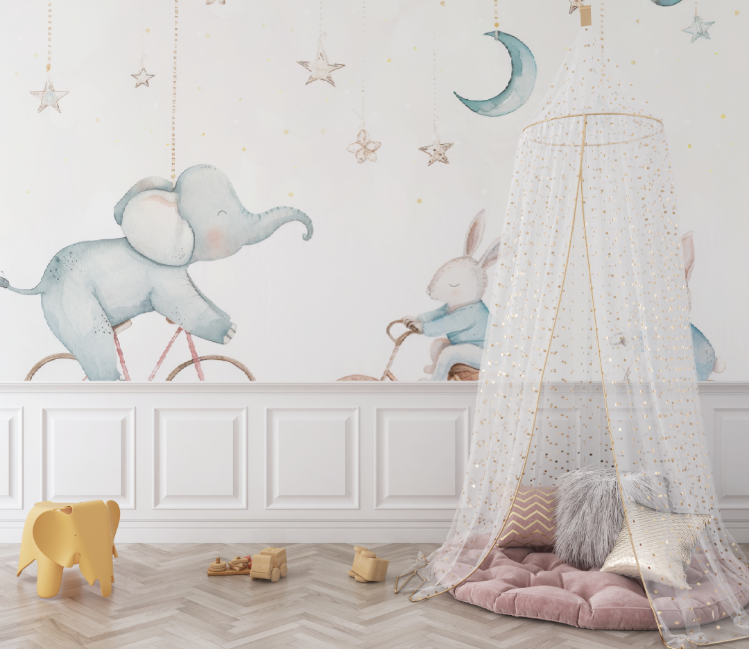 Papier Peint Bébé Éléphant Lapins - chambre de bebe