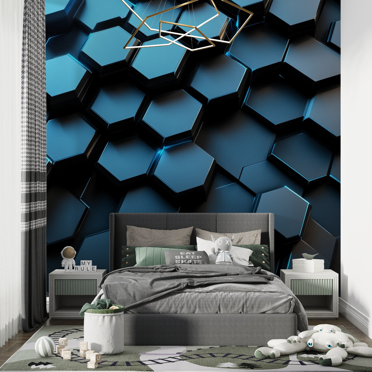 Papier peint hexagones lumineux chambre de garcon