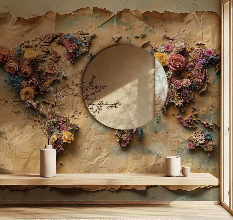 Papier peint carte du monde fleurs 3d miroir