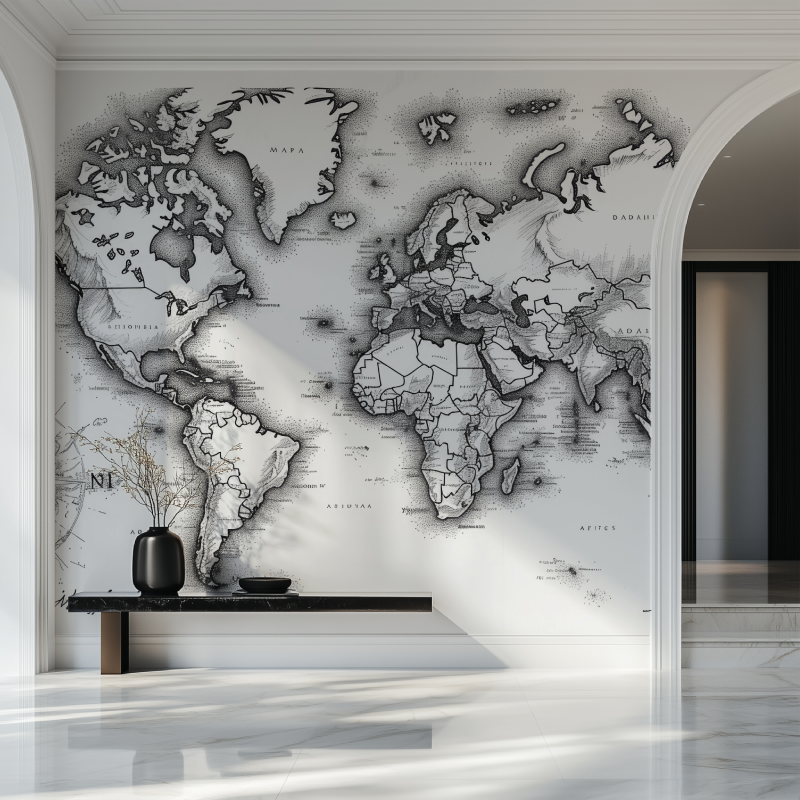 Papier peint carte du monde cal...e noir et blanc salon beau