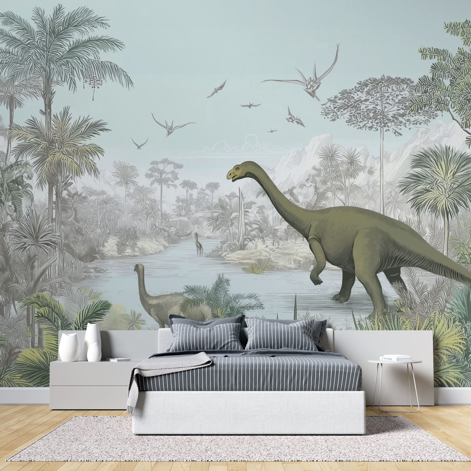 Panoramic dinosaurus kids mural wallpaper tete de lit