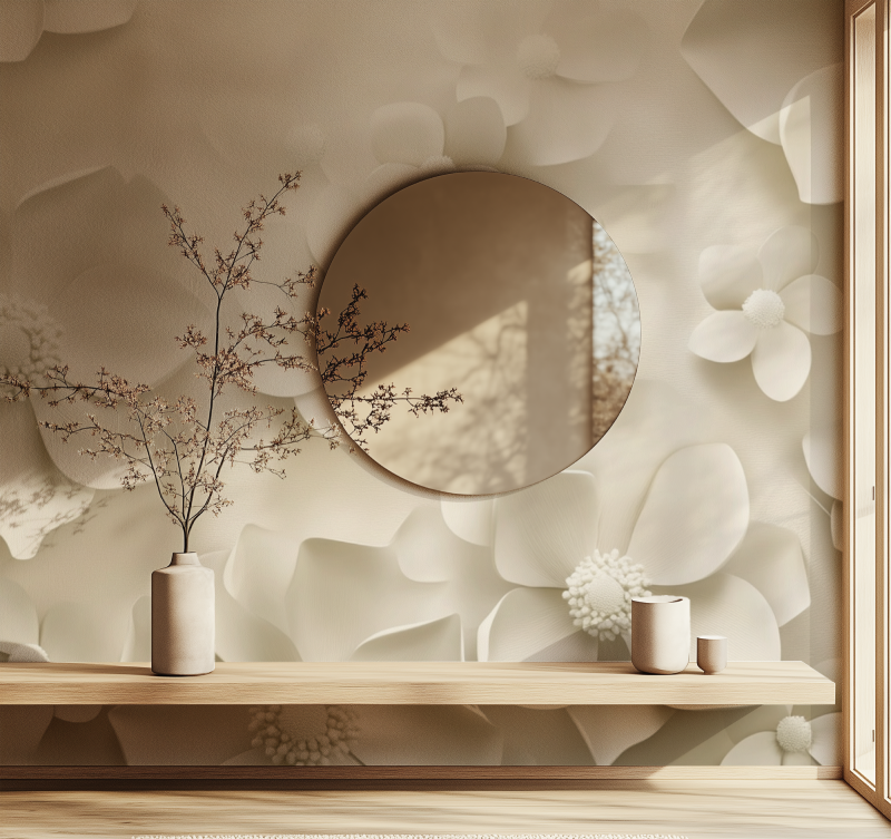 Papier peint fleur blanche miroir