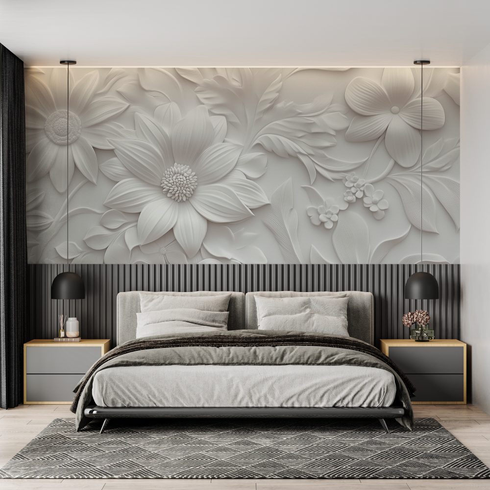 Big 3d white flowers mural wallpaper chambre adulte tendance