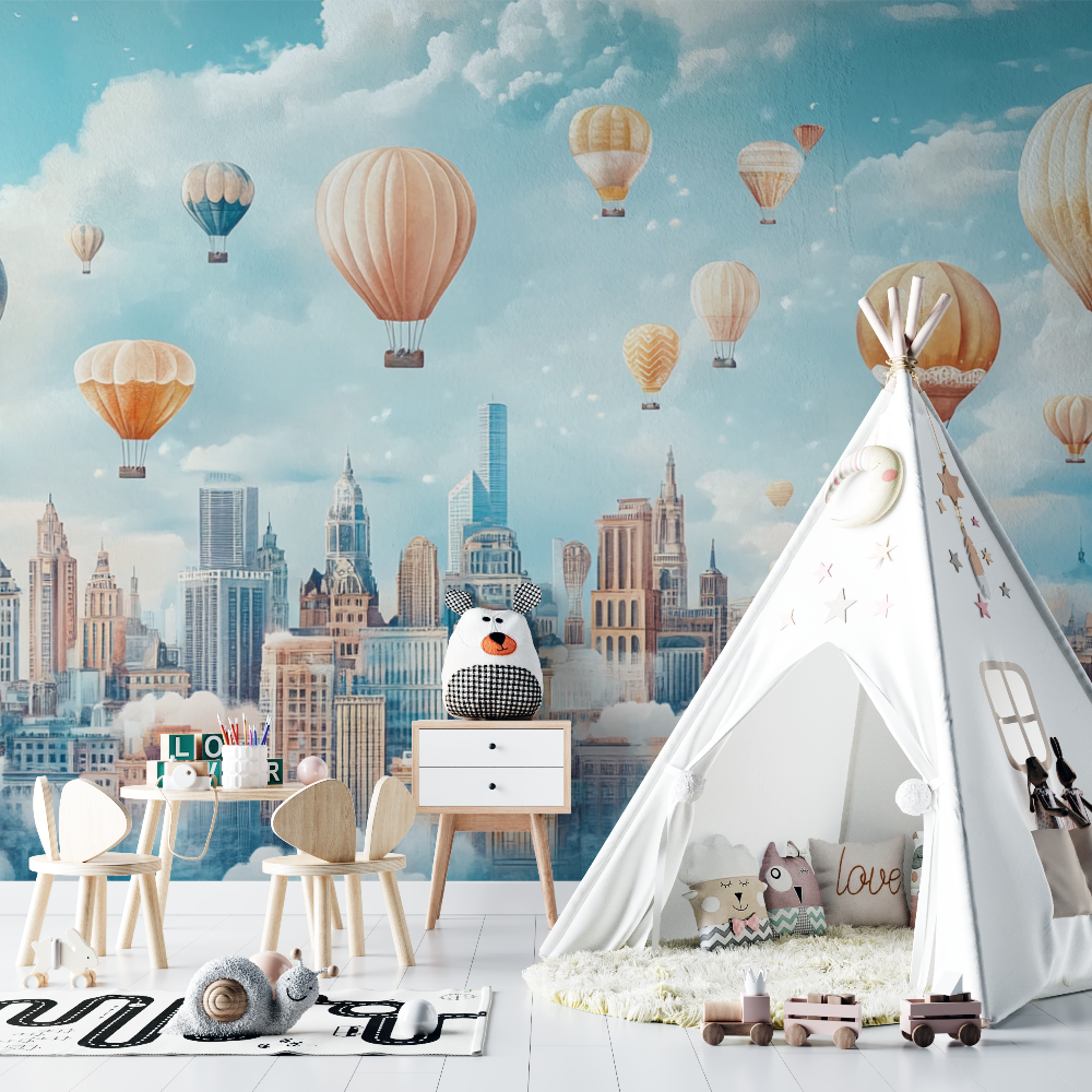 Papier peint montgolfiere et pa...ains stylises chambre bebe