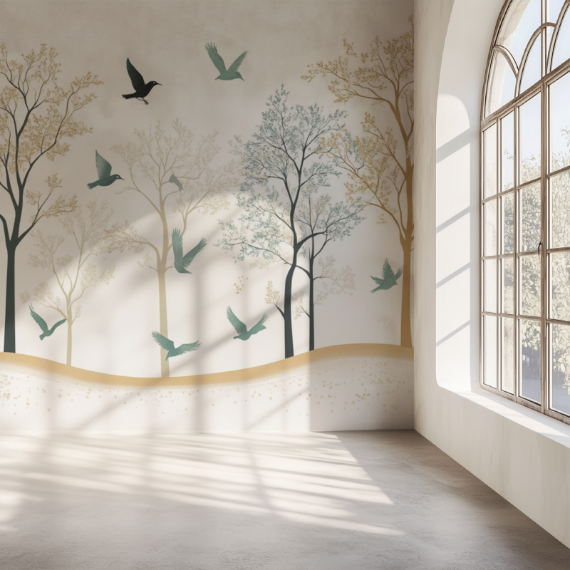 Papier peint arbre et oiseau mur simple