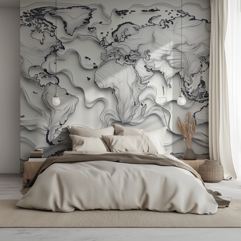Papier peint carte du monde noir et blanc design lit 1234