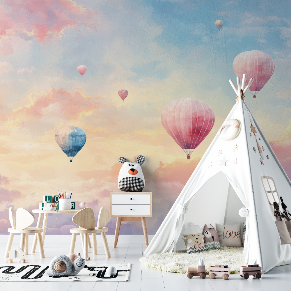 Papier peint montgolfiere et ci...ver du soleil chambre bebe