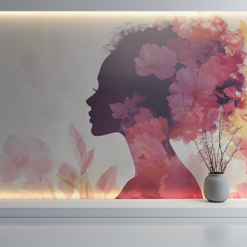 Papier peint fleur fille mur blanc