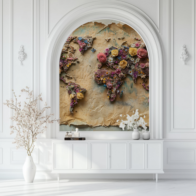 Papier peint carte du monde fleurs 3d salon blanc