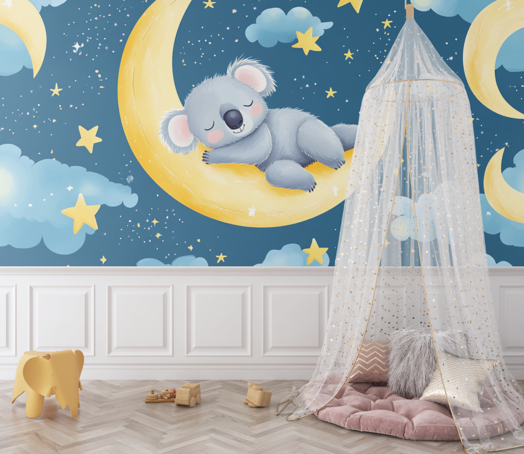 Papier peint koala endormi sur un croissant de lune bebe