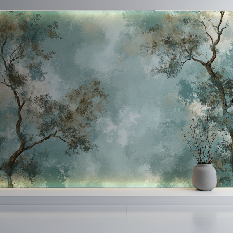 Papier peint arbre stylise mur blanc