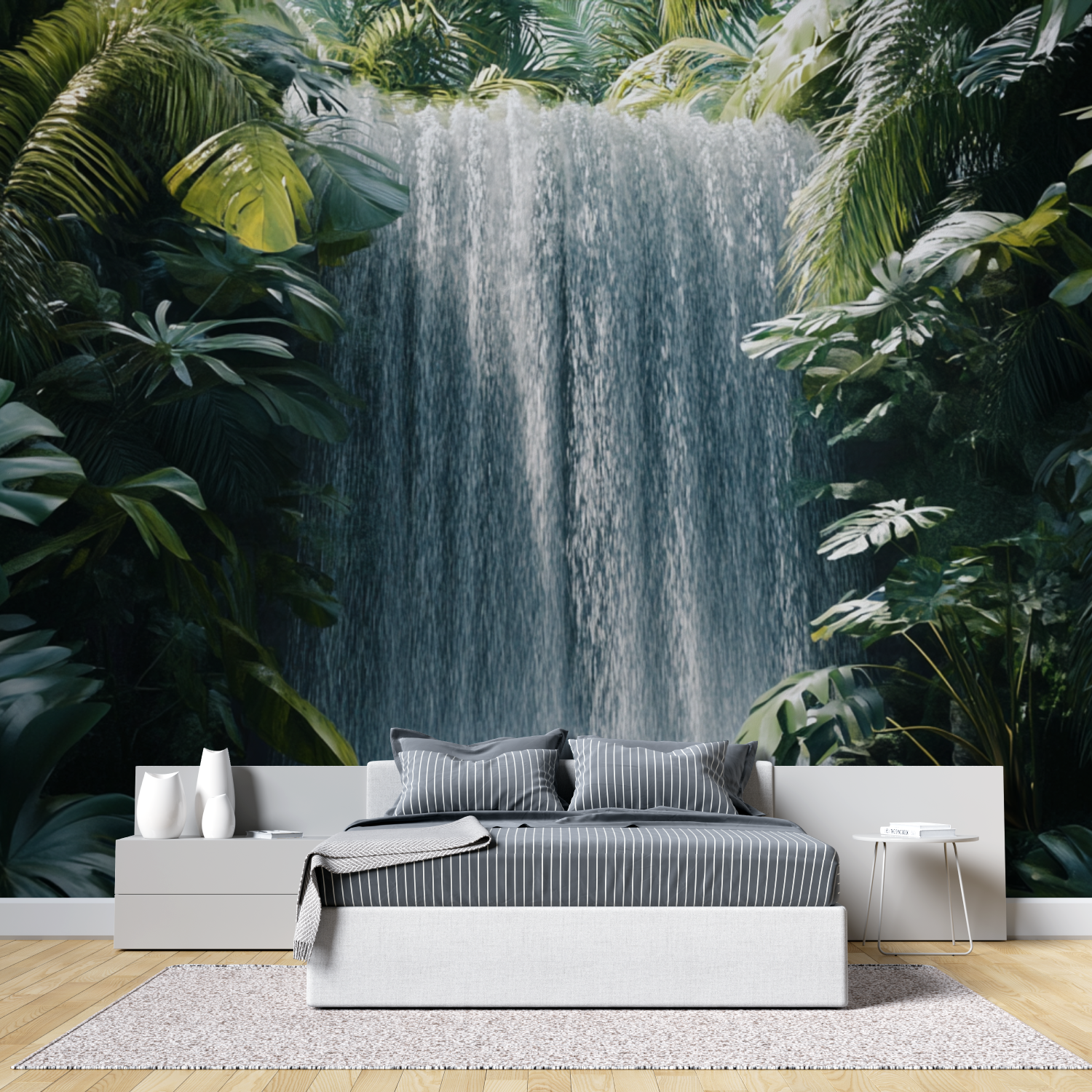 Papier peint trompe loeil cascade tete de lit