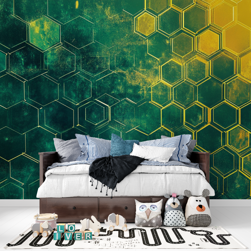 Papier peint enfant hexagones neon vert tapisserie pour ado