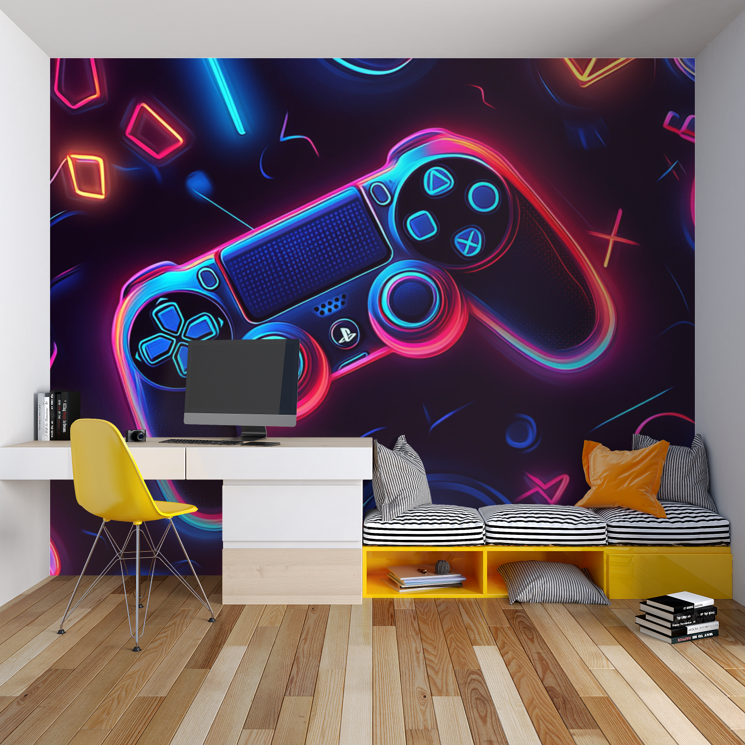 Papier peint symboles gaming neon chambre garcon lit