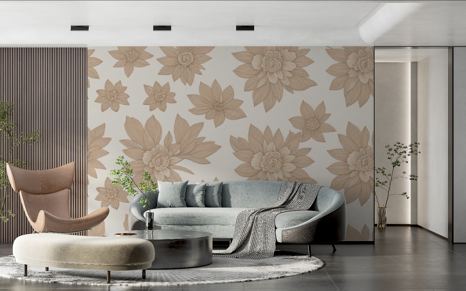 Papier peint cocooning floral taupe doux tendance 2024