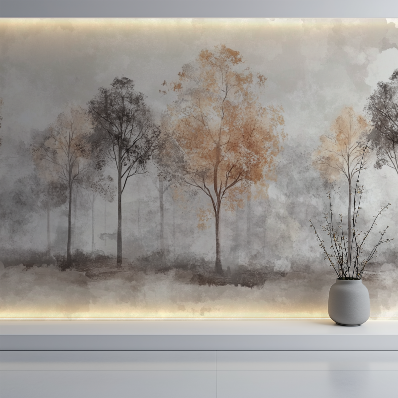 Papier peint arbre gris et marron mur blanc