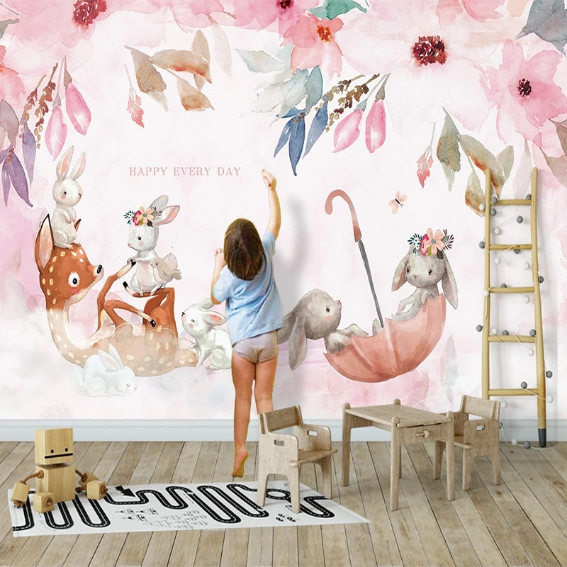 Papier Peint Animaux <br/> Parapluie et Fleurs