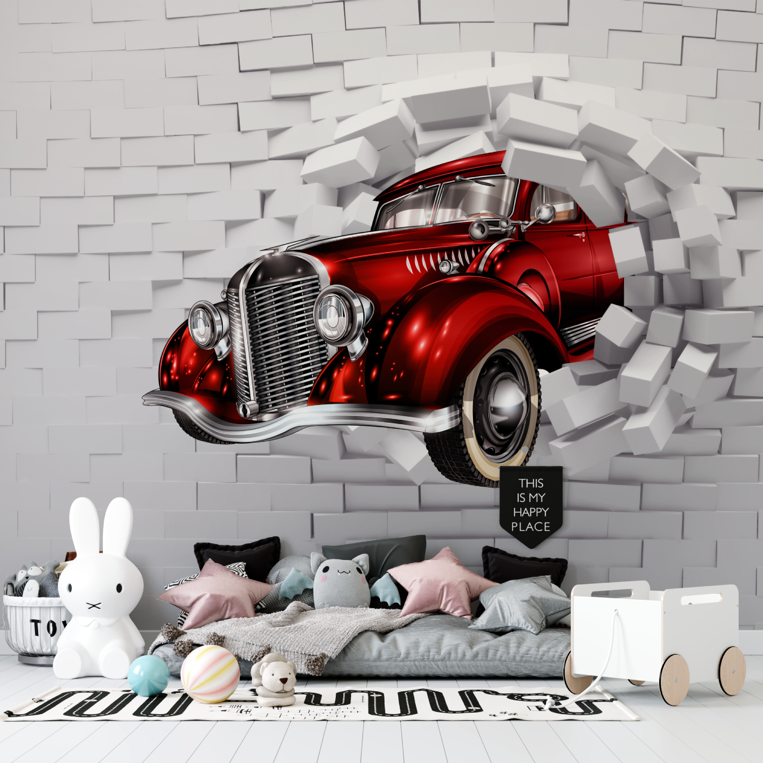 Papier peint garcon voiture trompe loeil tapisserie garcon