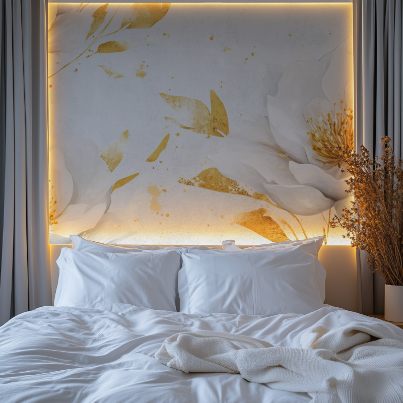 Papier peint fleur blanc et or chambre premium