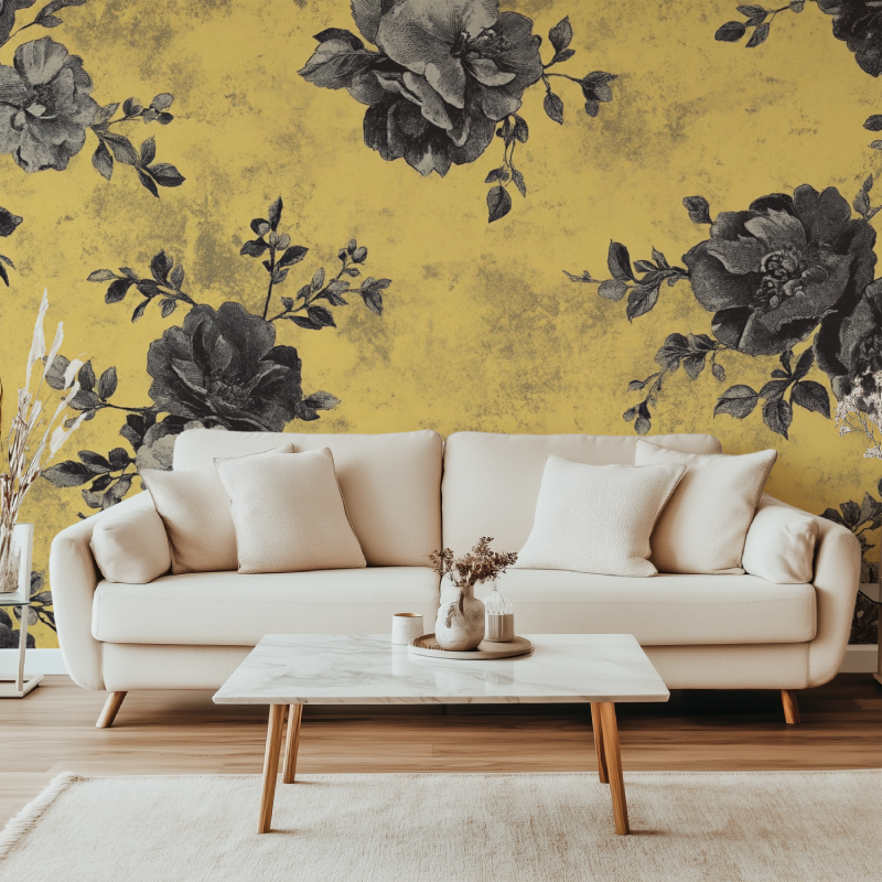 Papier peint vintage jaune gris canape simple