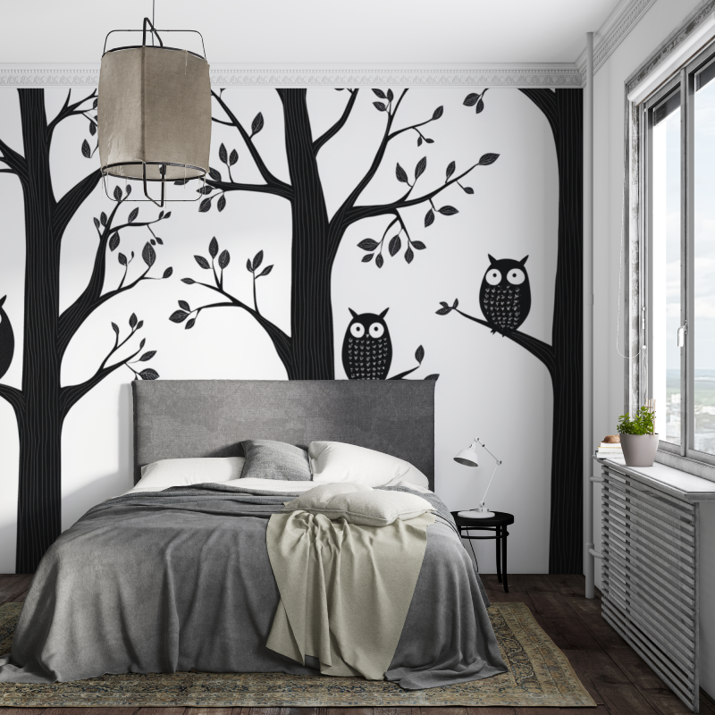Papier peint arbre noir et blan...enfant chouette piece ados