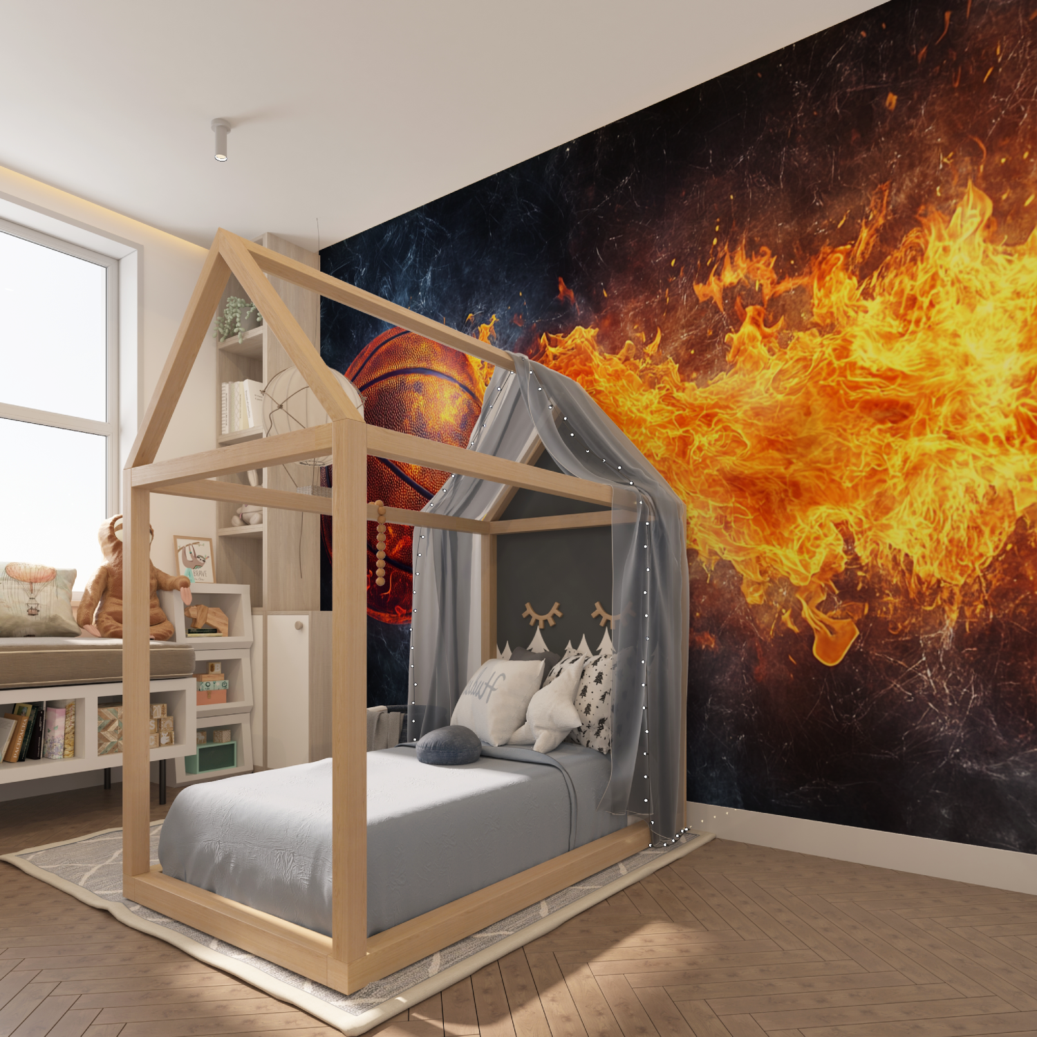 Papier peint ballon flammes basket tapisserie hero