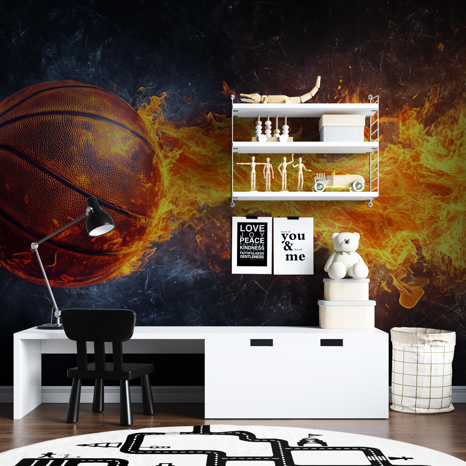 Papier peint ballon flammes basket tapisserie garcon