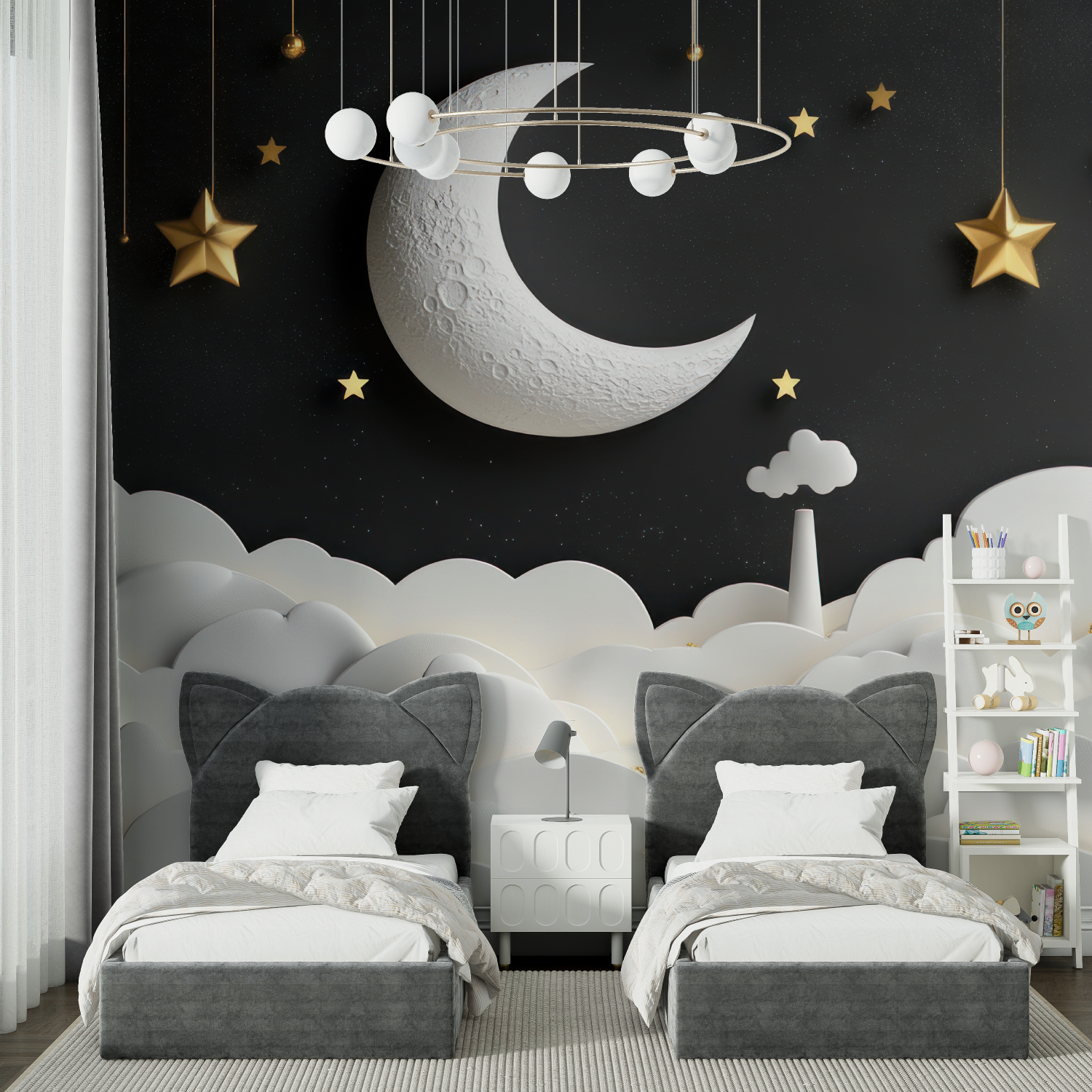 Papier Peint Enfant Lune 3D - chambre garçon lit