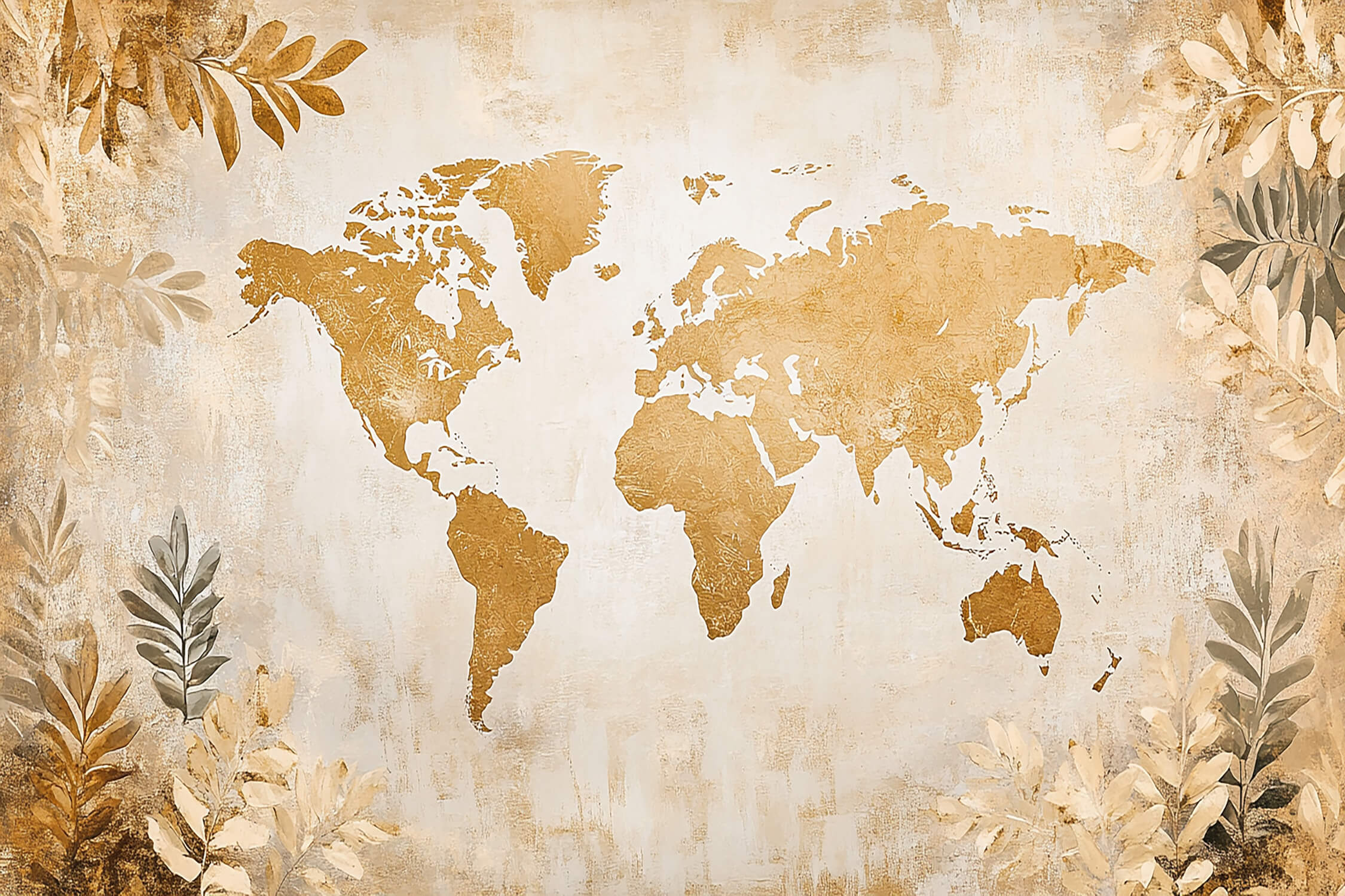 Papier Peint Carte Du Monde Doré Feuillage
