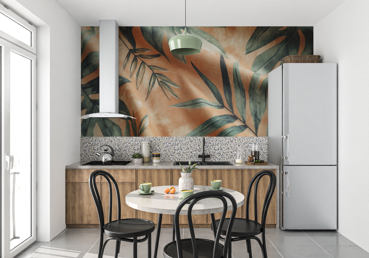 Papier peint terracotta et vert sauge mur cuisine
