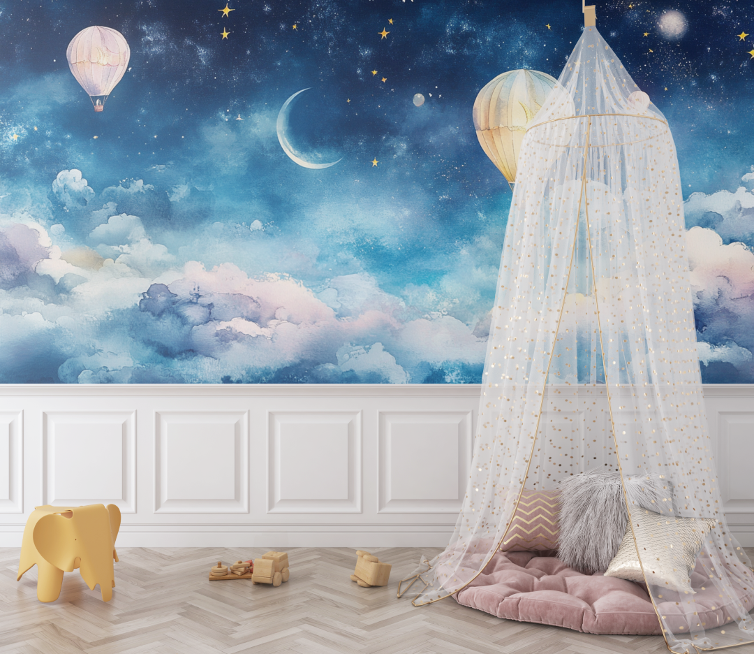 Papier peint montgolfiere et ciel de nuit magique bebe