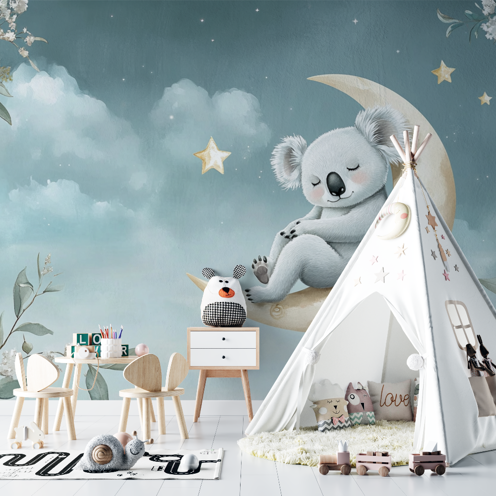 Papier peint koala reveur sur la lune chambre bebe