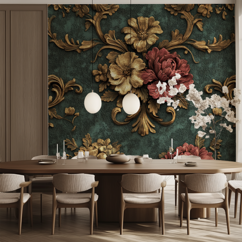 Papier peint fleur baroque salle manger tendance