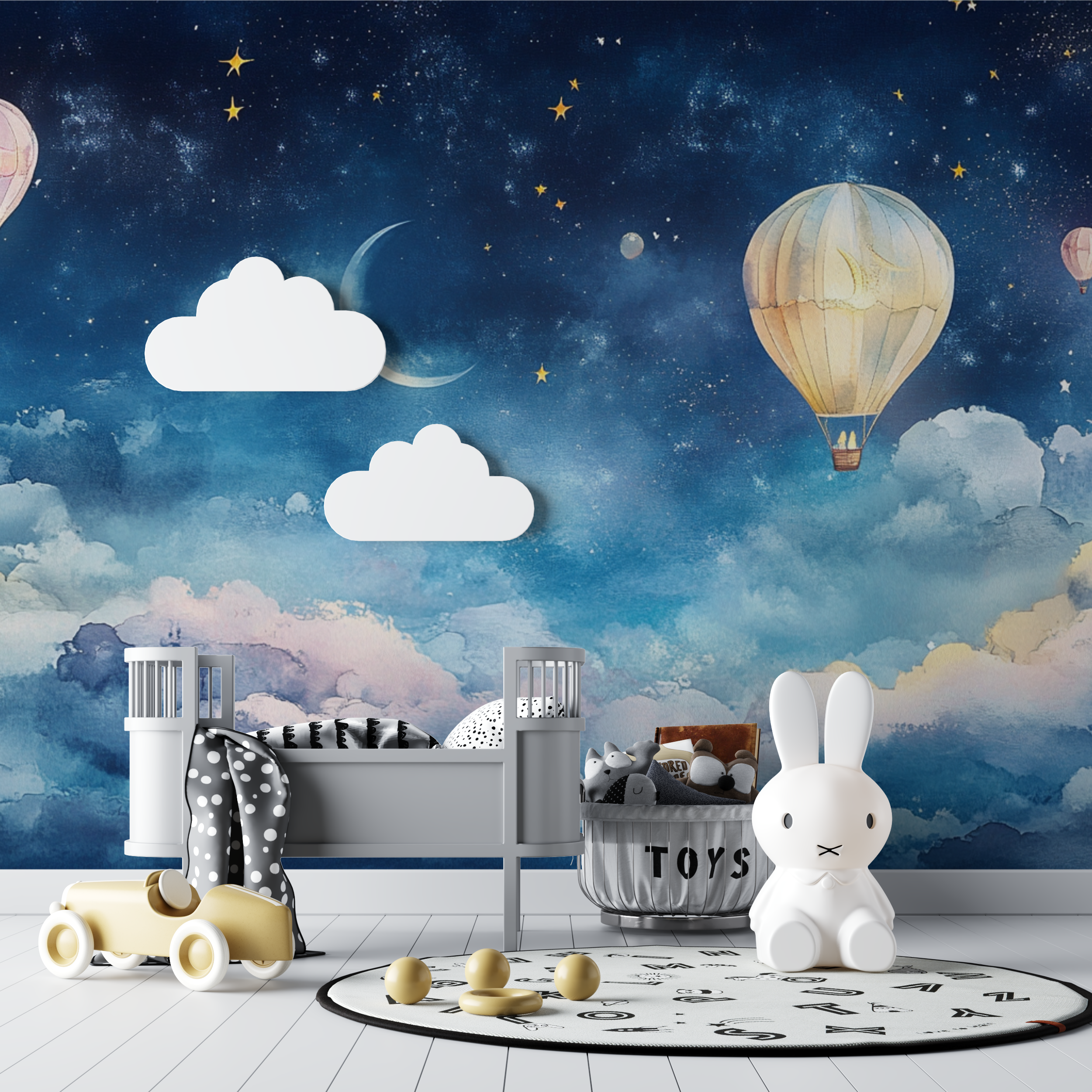Papier peint montgolfiere et ciel de nuit magique bebe tipi