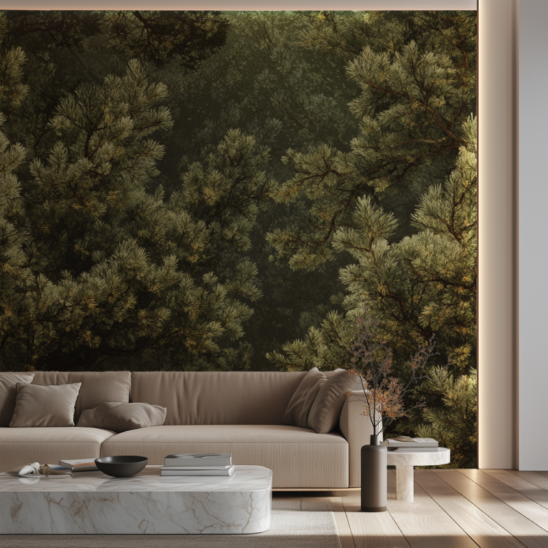 Papier peint trompe loeil arbre canape neon