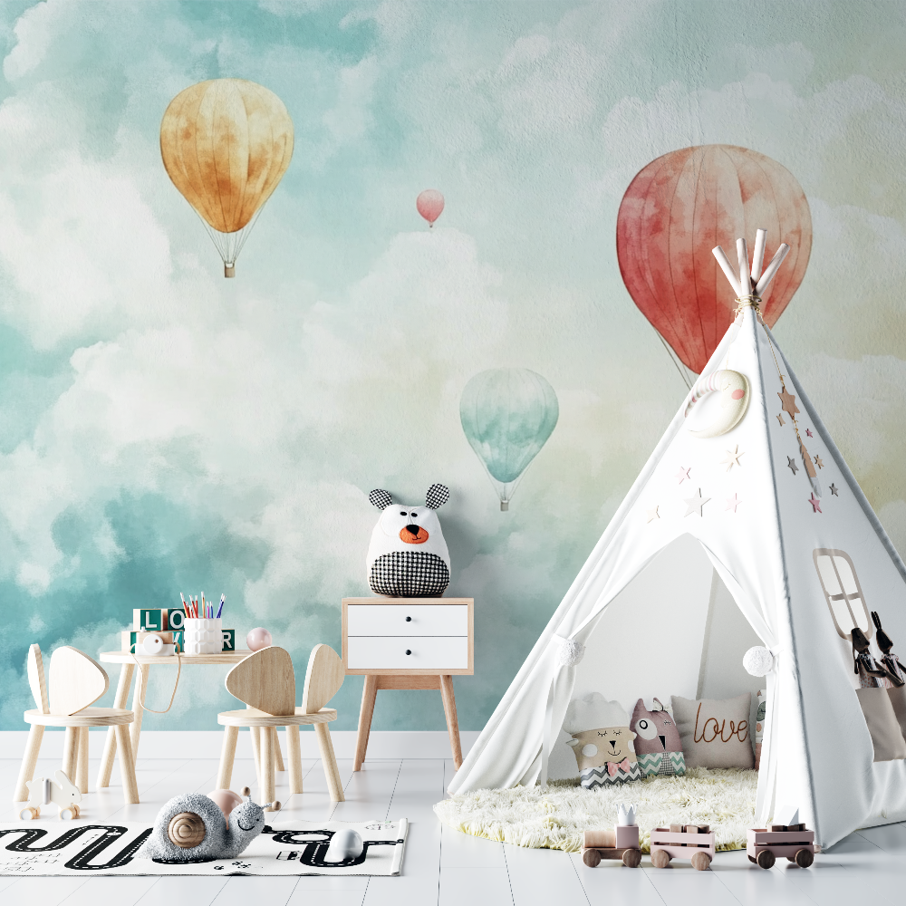 Papier peint montgolfiere et nuages en coton chambre bebe