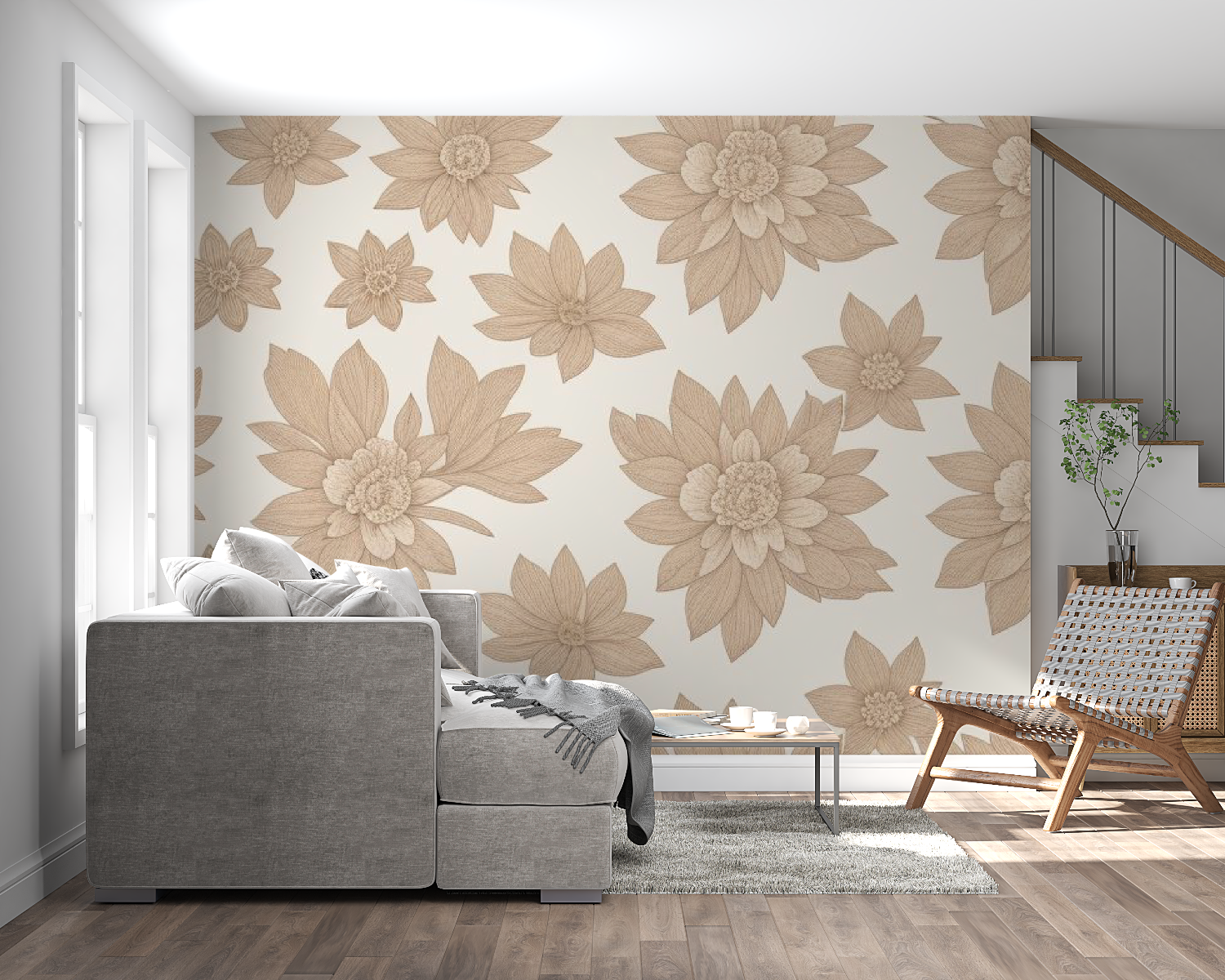 Papier peint cocooning floral taupe doux panoramique mural