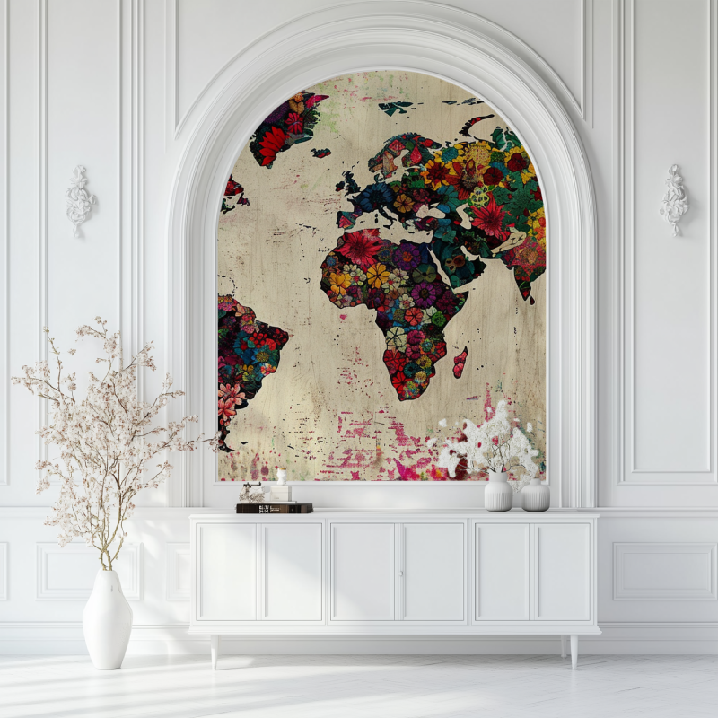 Papier peint carte du monde fleurie salon blanc