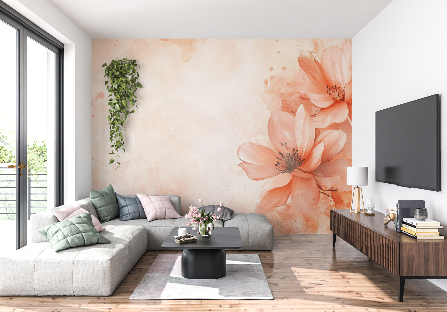 Papier peint terracotta floral aquarelle panoramique 4murs
