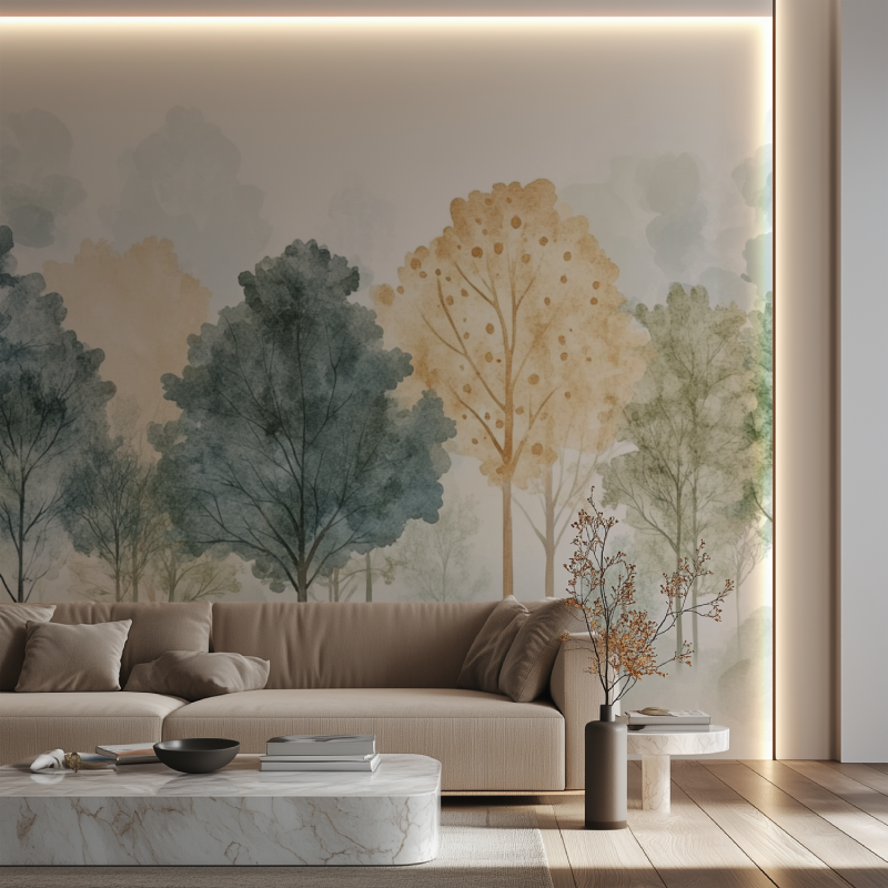 Papier peint arbre chambre cosy canape neon