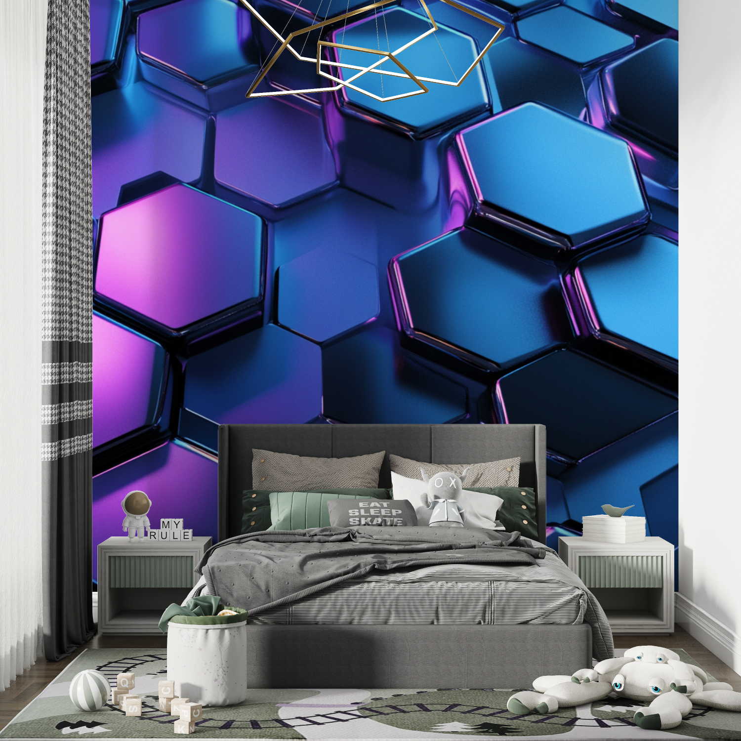 Papier peint hexagones neon bleu chambre de garcon