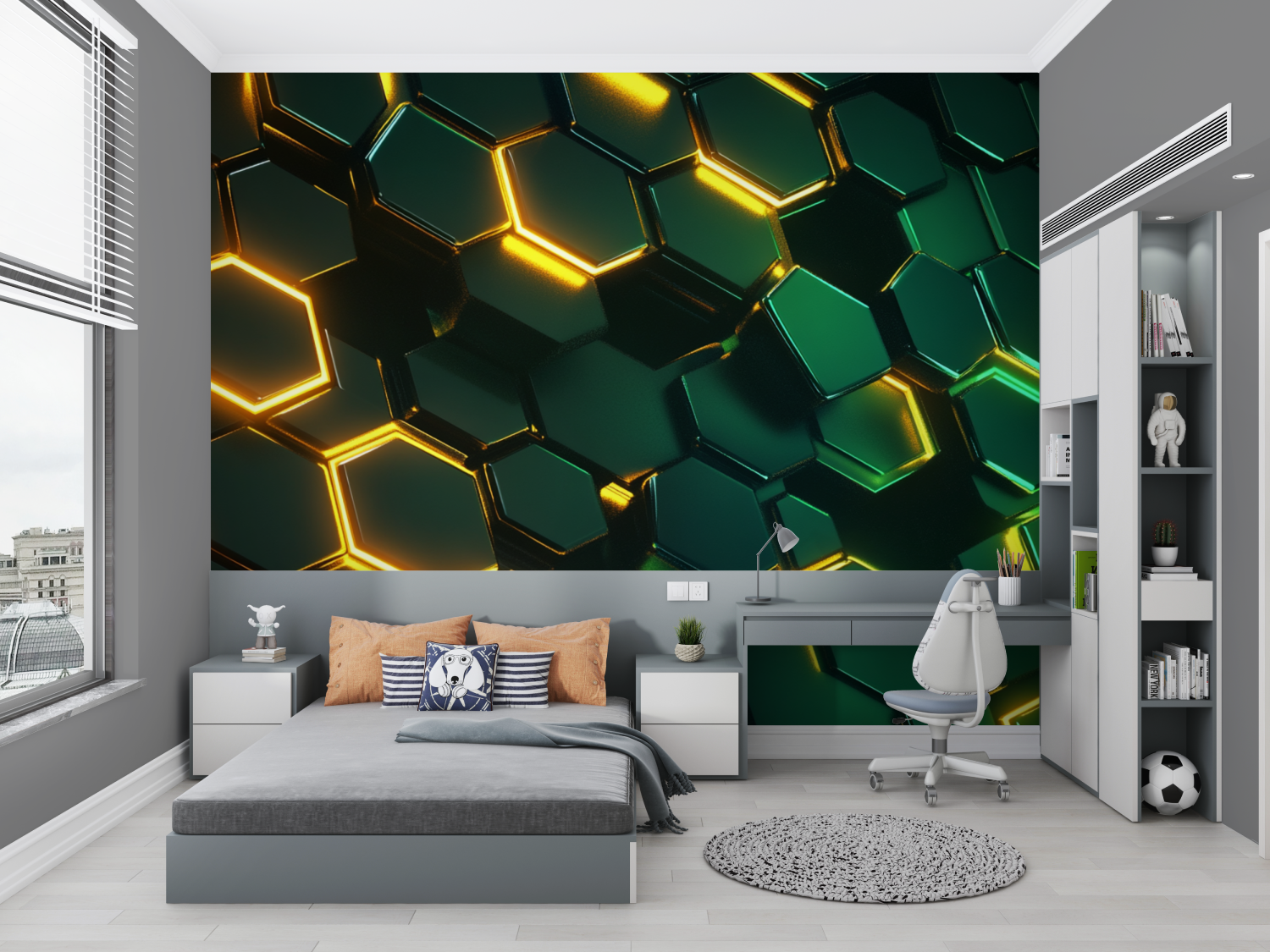 Papier peint hexagones vert chambre petit