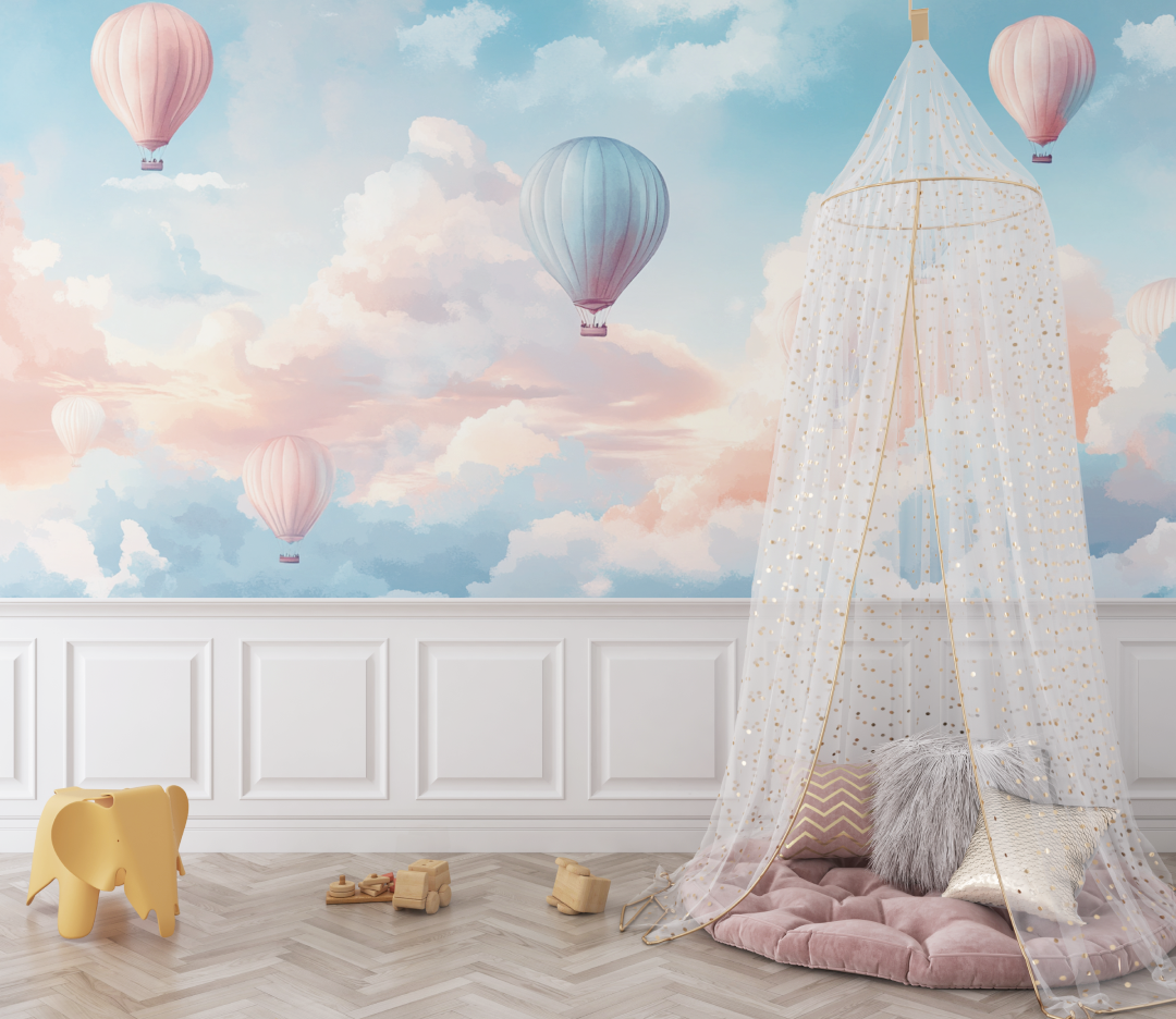 Papier peint montgolfiere et ciel crepusculaire bebe