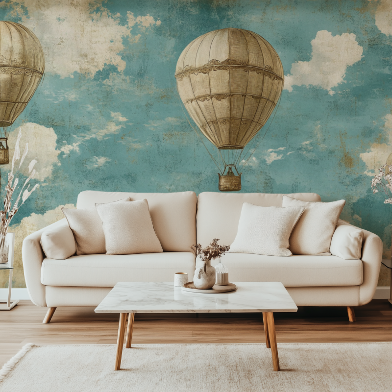 Papier peint vintage montgolfieres canape simple