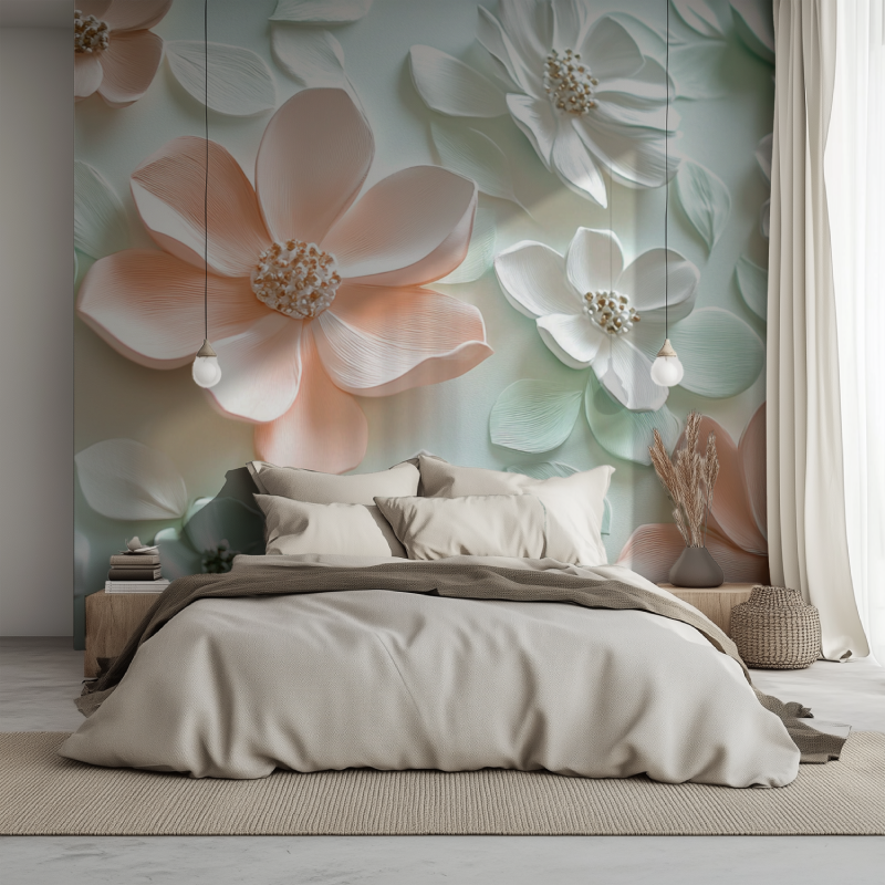 Papier peint trompe loeil fleurs lit 1234